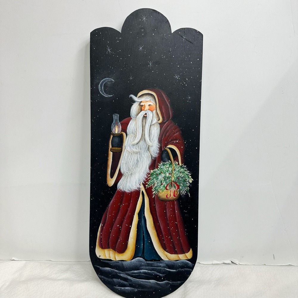 Santa Claus Folk Art painting On Wood Christmas Wall Decor "BB" Signed‎ 24"x9"